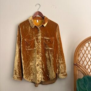 Modern Authentic Pilcro Anthropologie Mara Relaxed Velvet Yellow Button Up Shirt